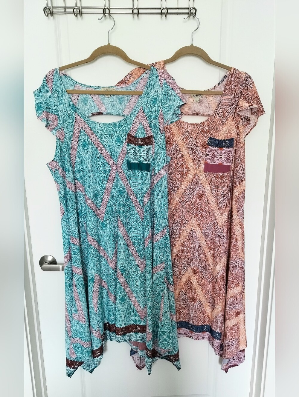 One World Bundle of 2 Women's 2X Boho Chevron Paisley Handkerchief Hem Dress